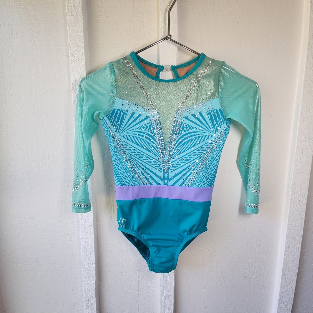 SYLVIA P Turquoise & Mint Sparkle Gymnastics Leotard Lavender Waistband 8 Short